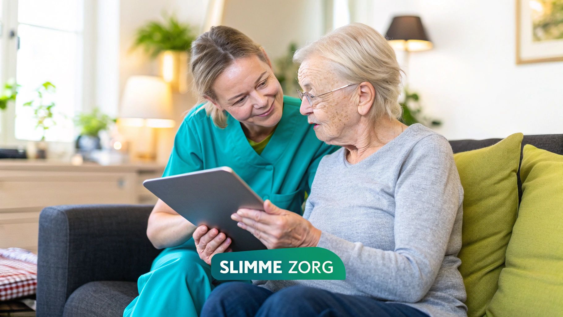 Een mantelzorger helpt een senior met digitale apparaten, wat de focus legt op zelfredzaamheid en moderne hulp.
