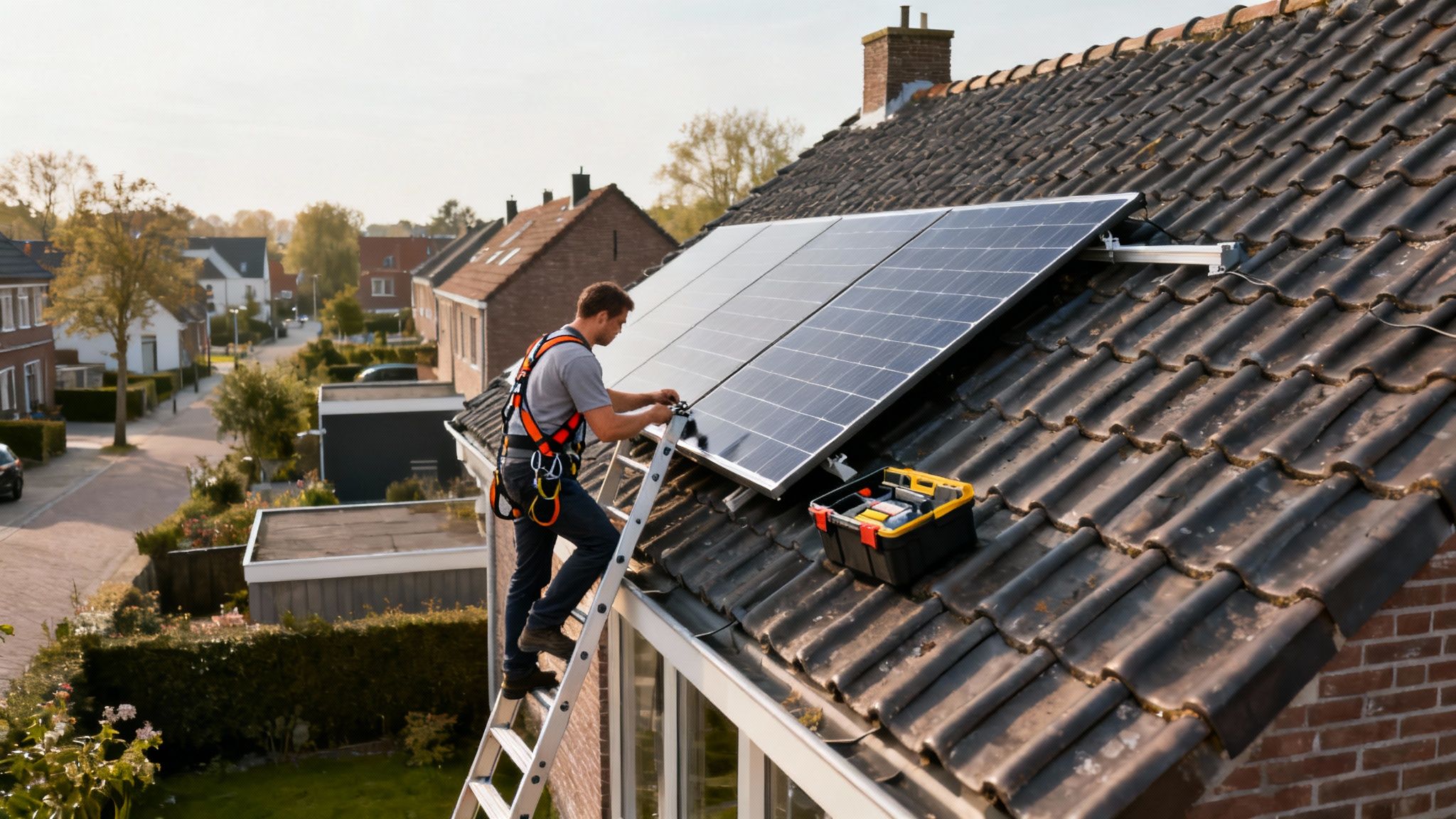 Man installeert zonnepanelen op een pannendak, draagt een veiligheidsharnas en staat op een ladder. Een gereedschapskist staat ernaast.