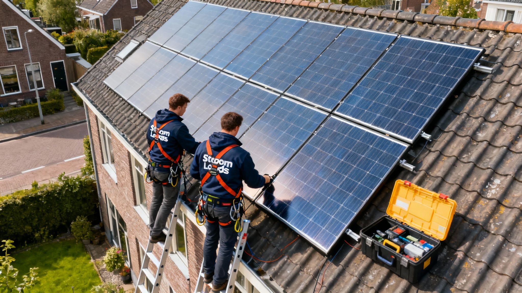 Twee monteurs in veiligheidsharnas installeren zonnepanelen op een pannendak van een woning