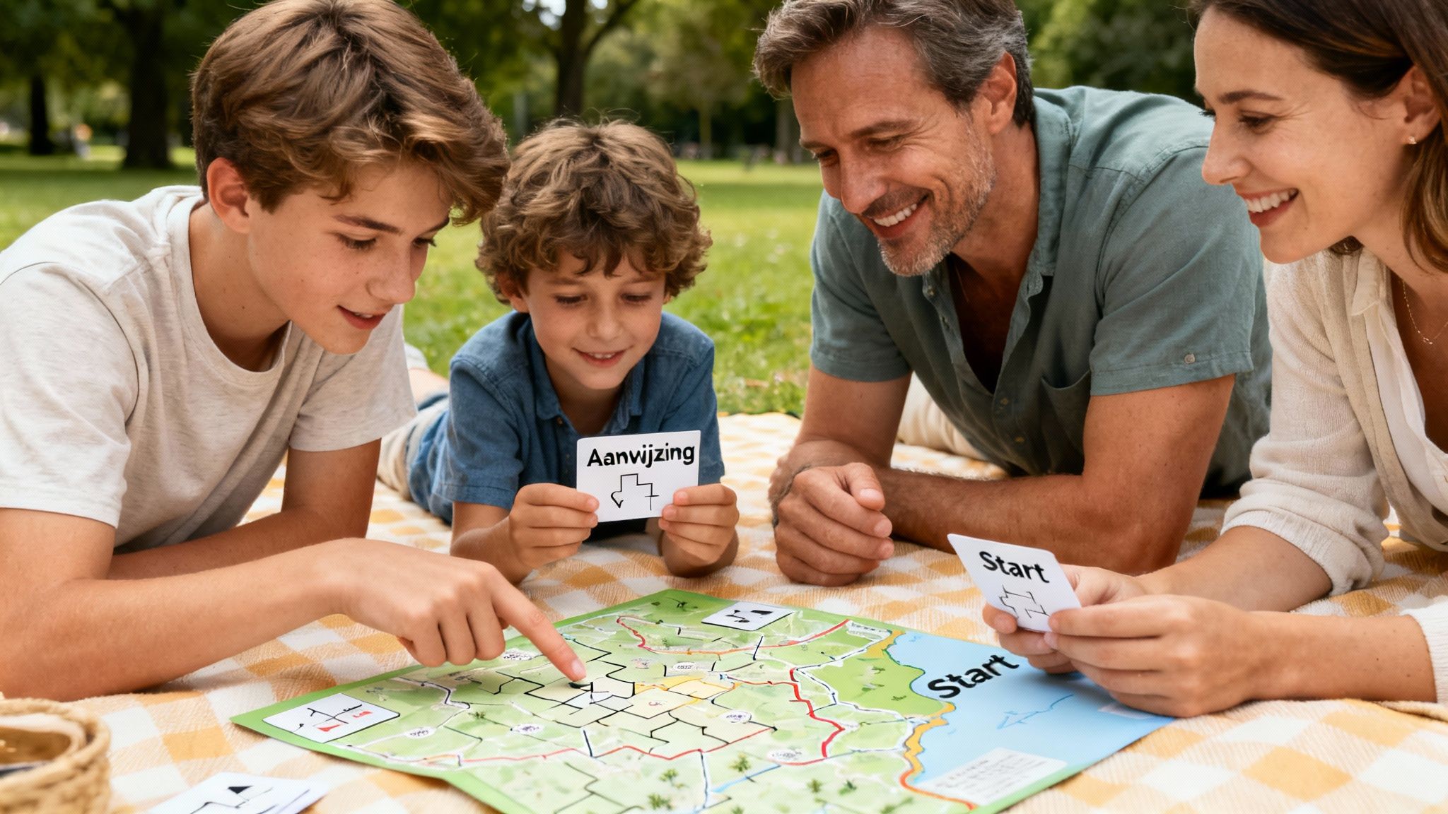 Een vrolijk gezin speelt een bordspel op een picknickkleed in een groen park, genietend van de tijd samen.