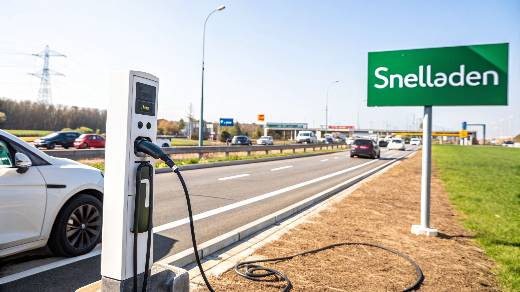 Een familie die hun elektrische auto inpakt voor een vakantie, met een laadkabel zichtbaar.