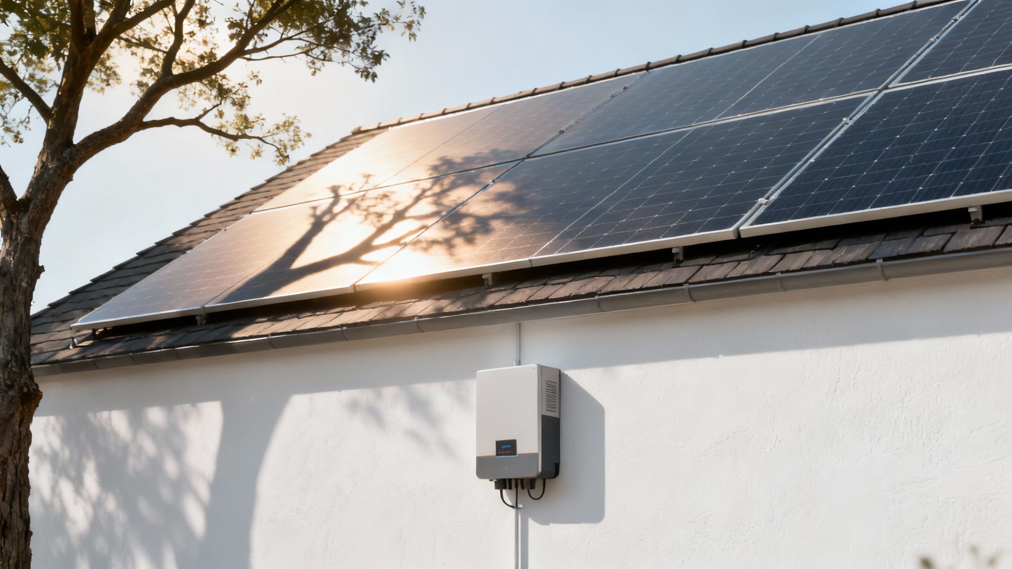 Zonnepanelen op een dak met heldere blauwe lucht
