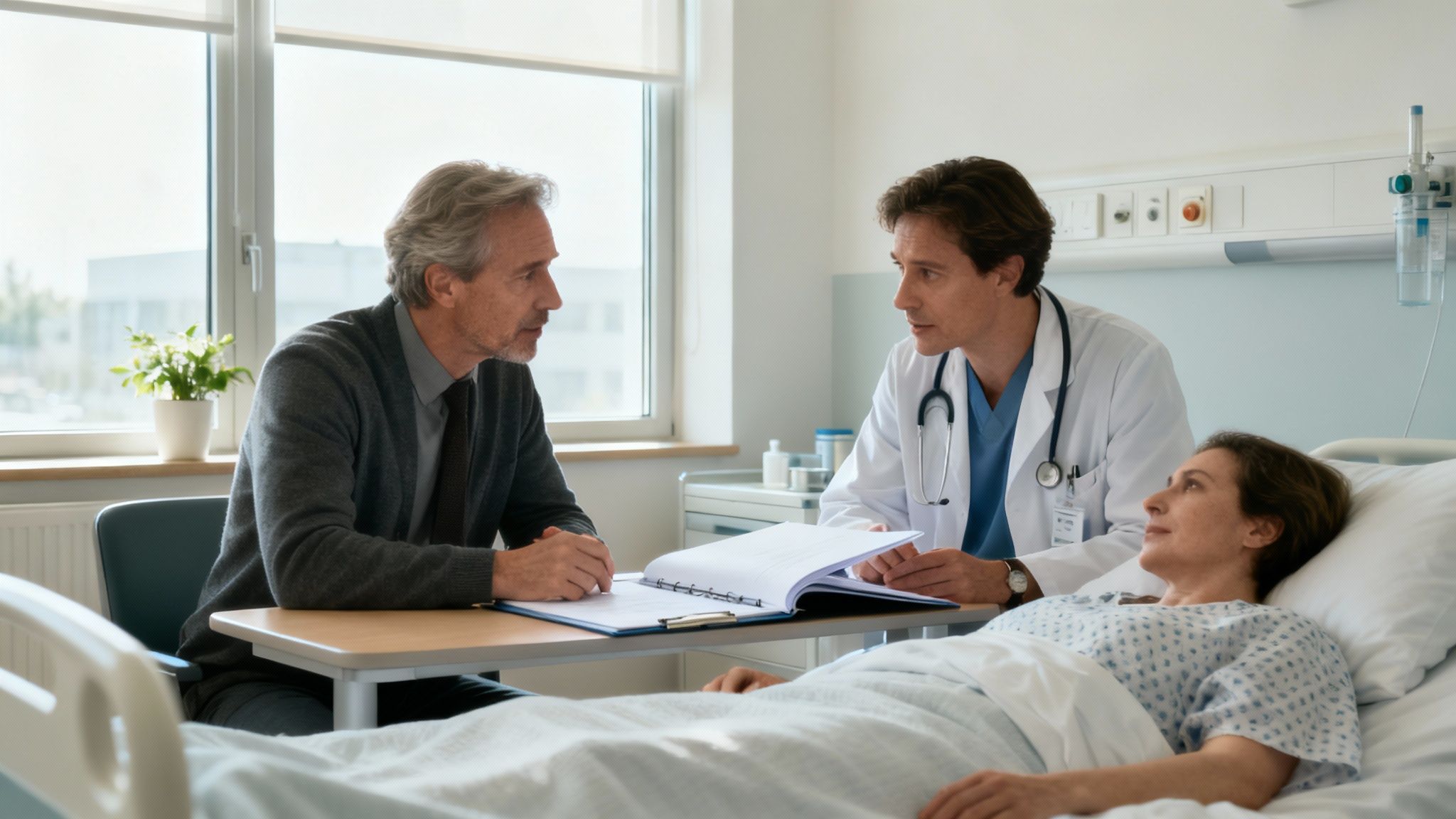 Afbeelding van een arts die met een oudere patiënt en een familielid praat