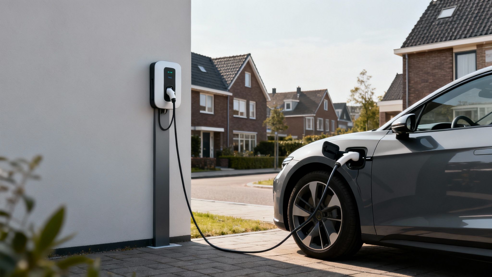 Een elektrische auto die thuis wordt opgeladen met een laadpaal van Stroom Loods in Hilversum.