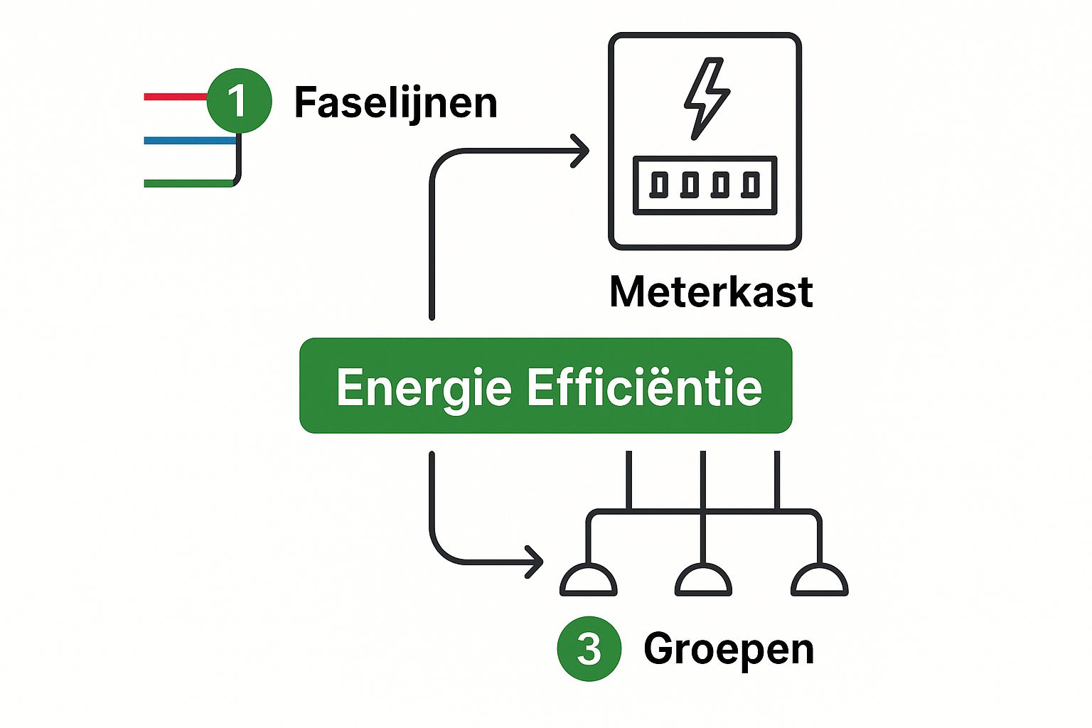 Infographic over een 3-fasen meterkast