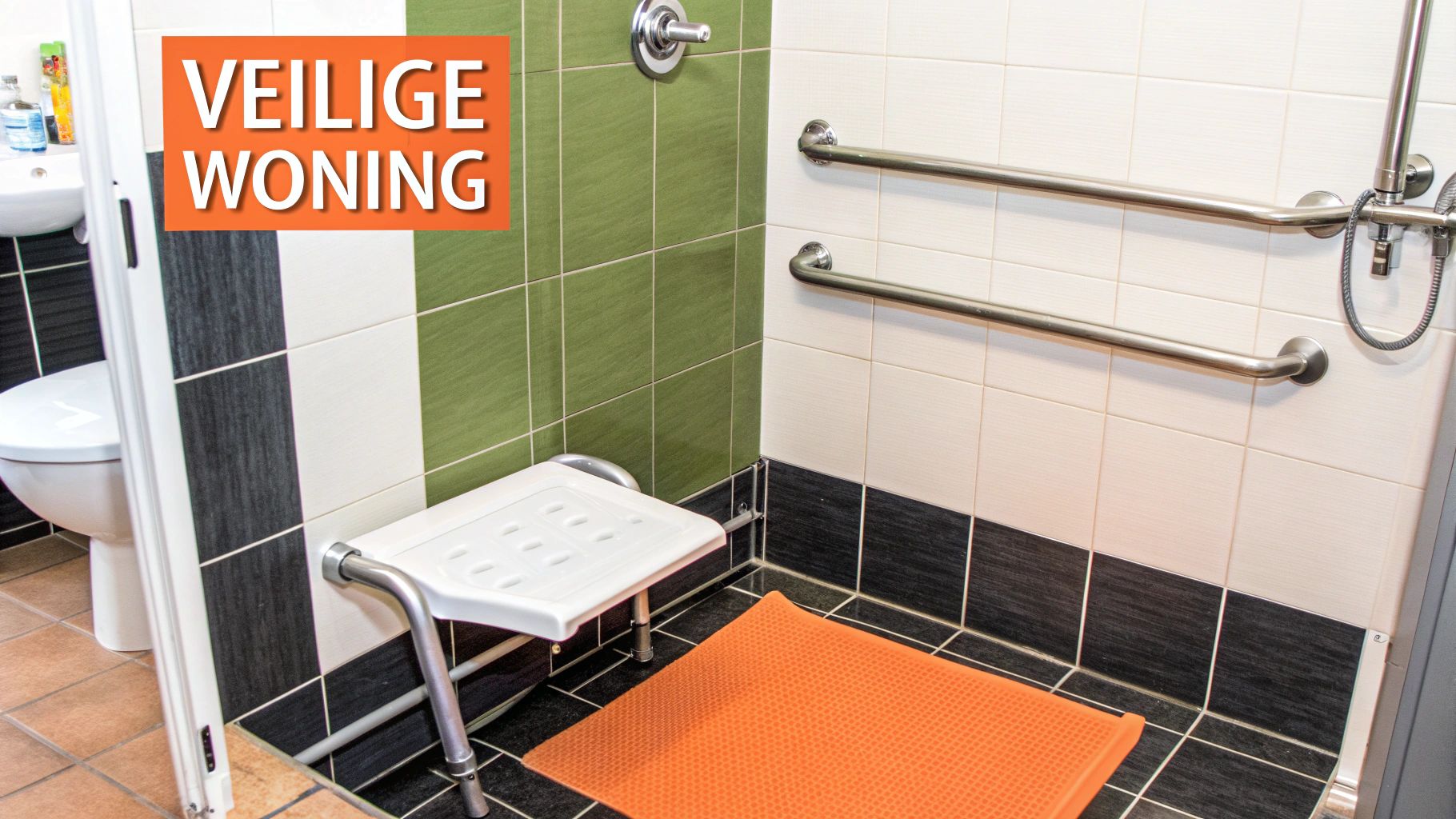 Een veilige, aangepaste badkamer met handgrepen en een inloopdouche.