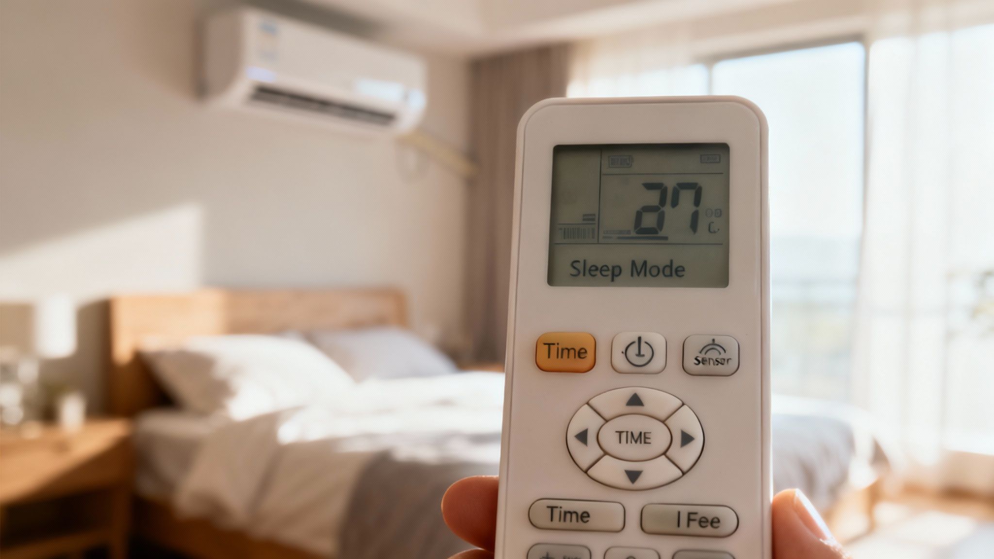 Een persoon die de afstandsbediening van een stille airco in een slaapkamer gebruikt.