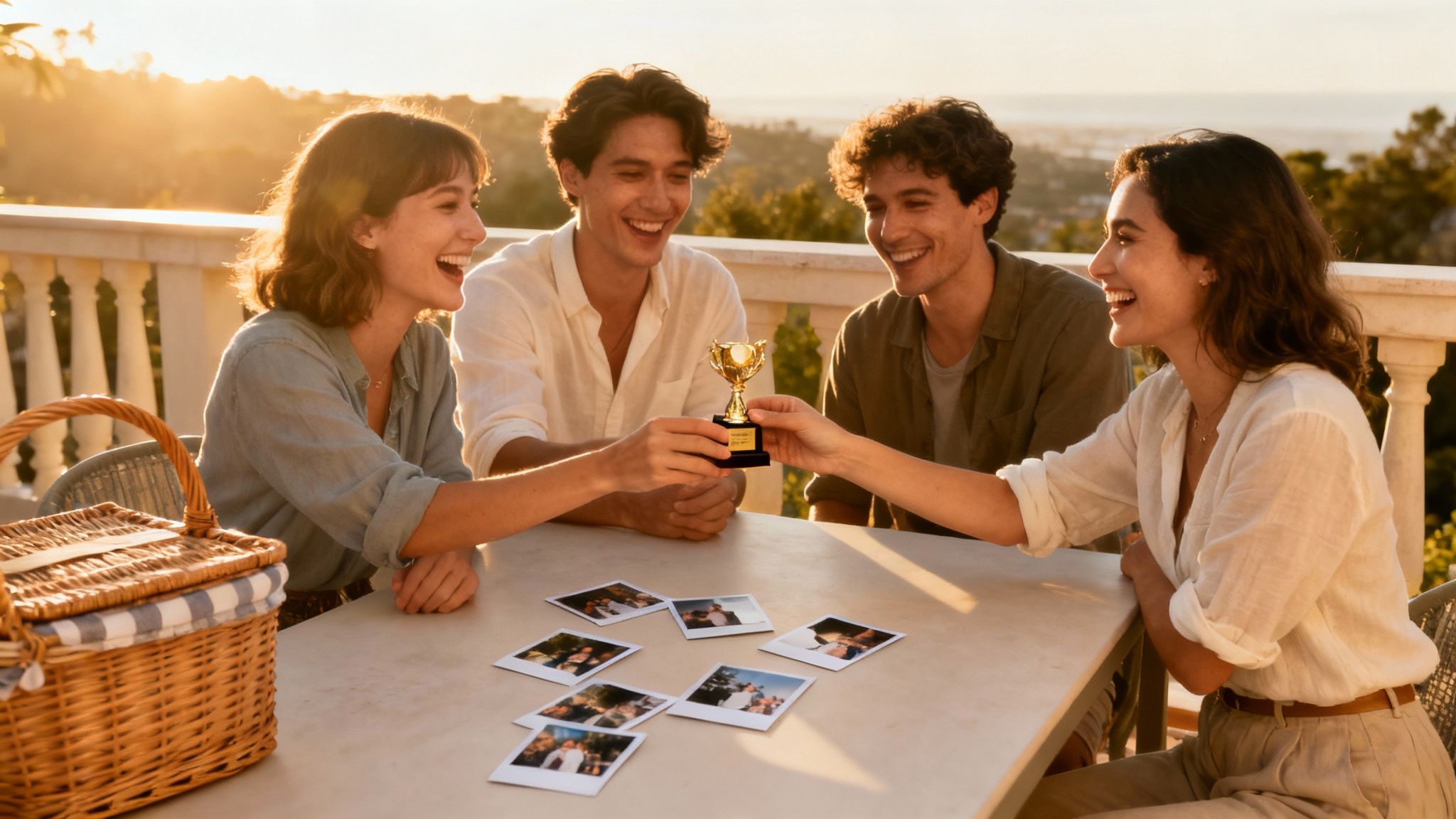 Een groep vrienden die lachend proosten op een terras na een leuke dag