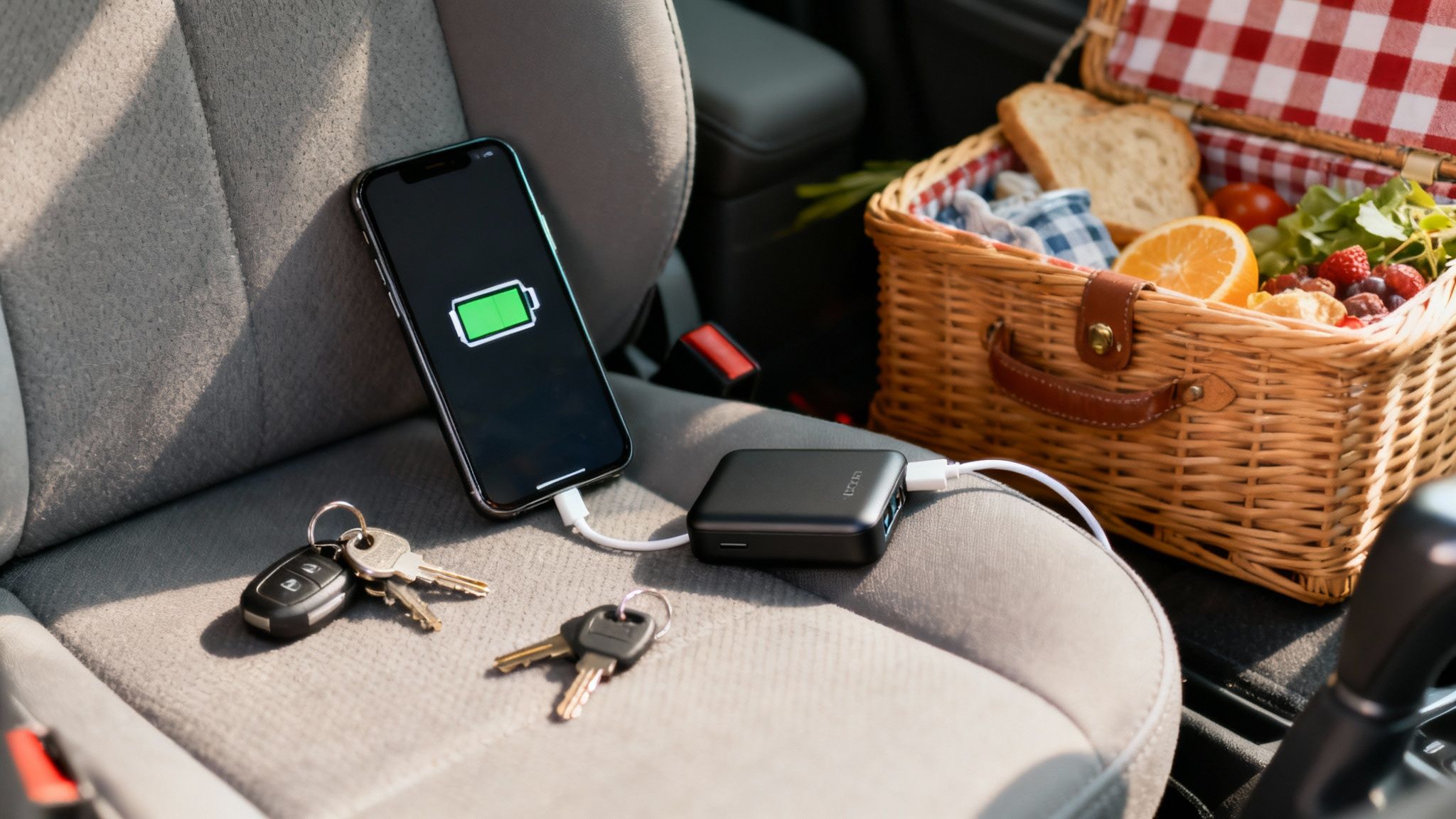 Smartphone wordt opgeladen met powerbank in auto naast autosleutels en picknickmand