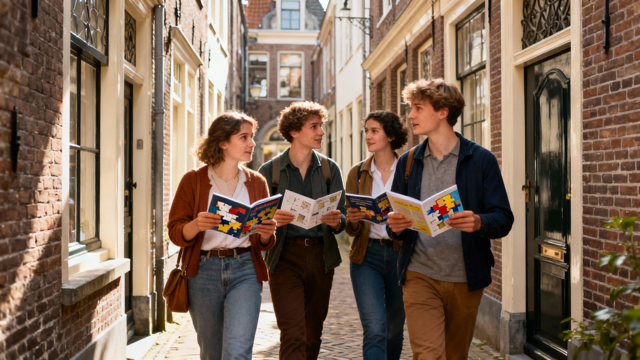 Een groepje vrienden dat lachend een puzzeltocht doet in een historische stad