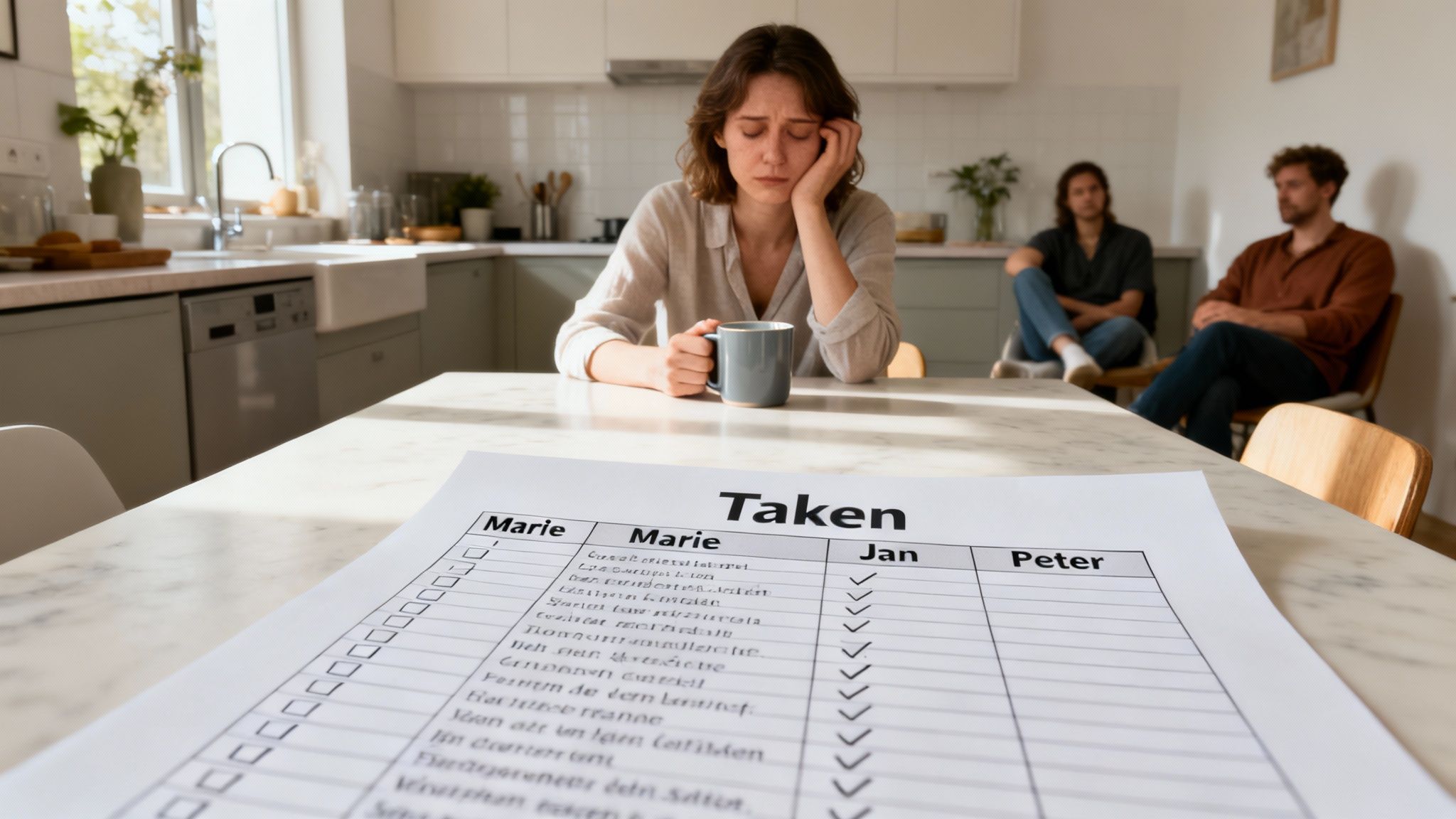Een verdrietige vrouw zit aan een tafel met een takenlijst, terwijl twee personen wazig op de achtergrond zitten.