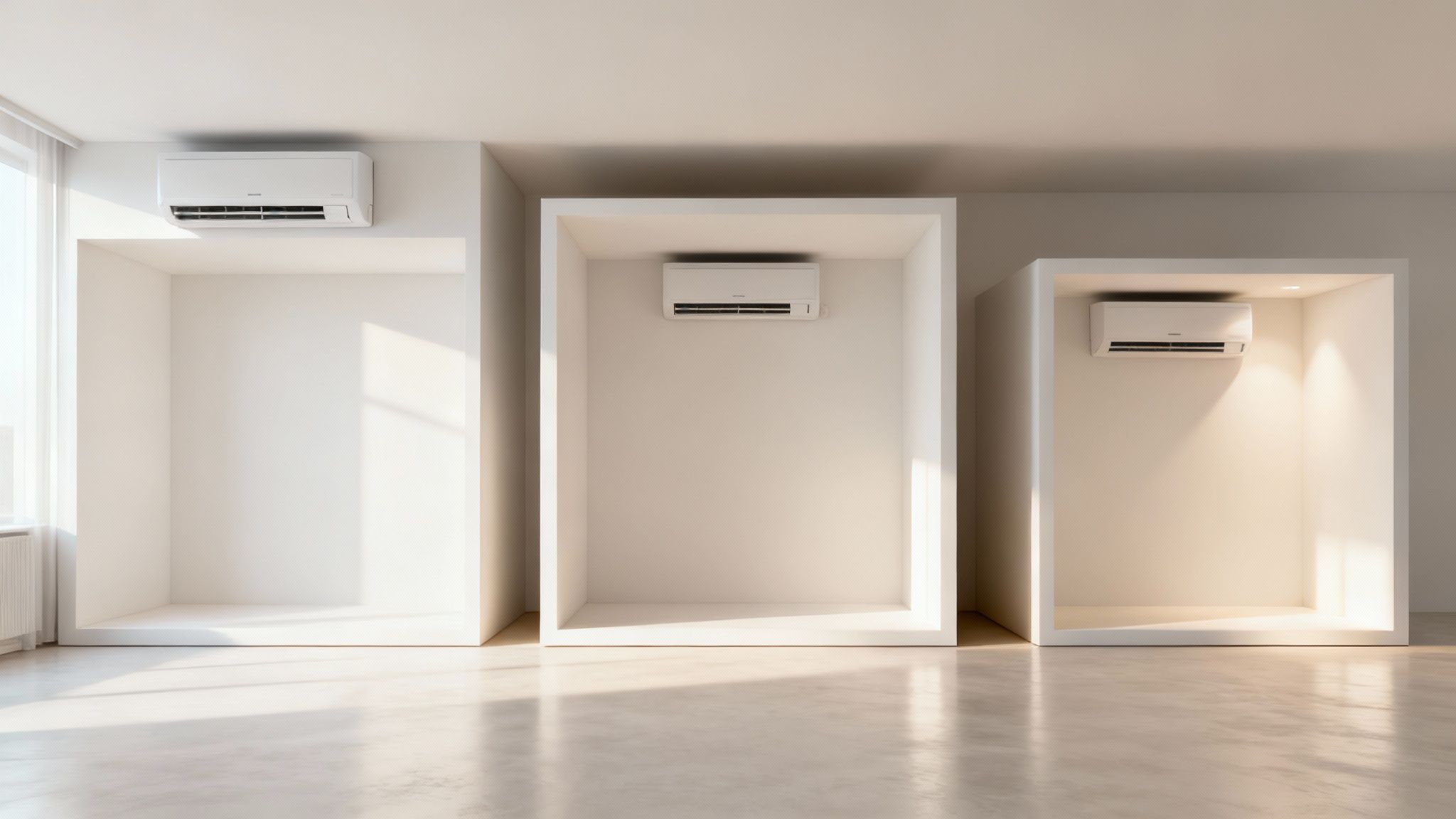 Een woonkamer, thuiskantoor en slaapkamer naast elkaar, visualiserend de verschillende scenario's voor de airco capaciteit berekening.