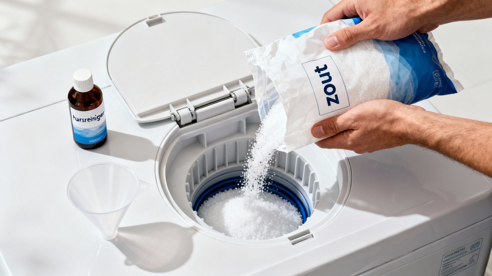 Een persoon vult zout in een waterontharder, met een fles harsreiniger ernaast.