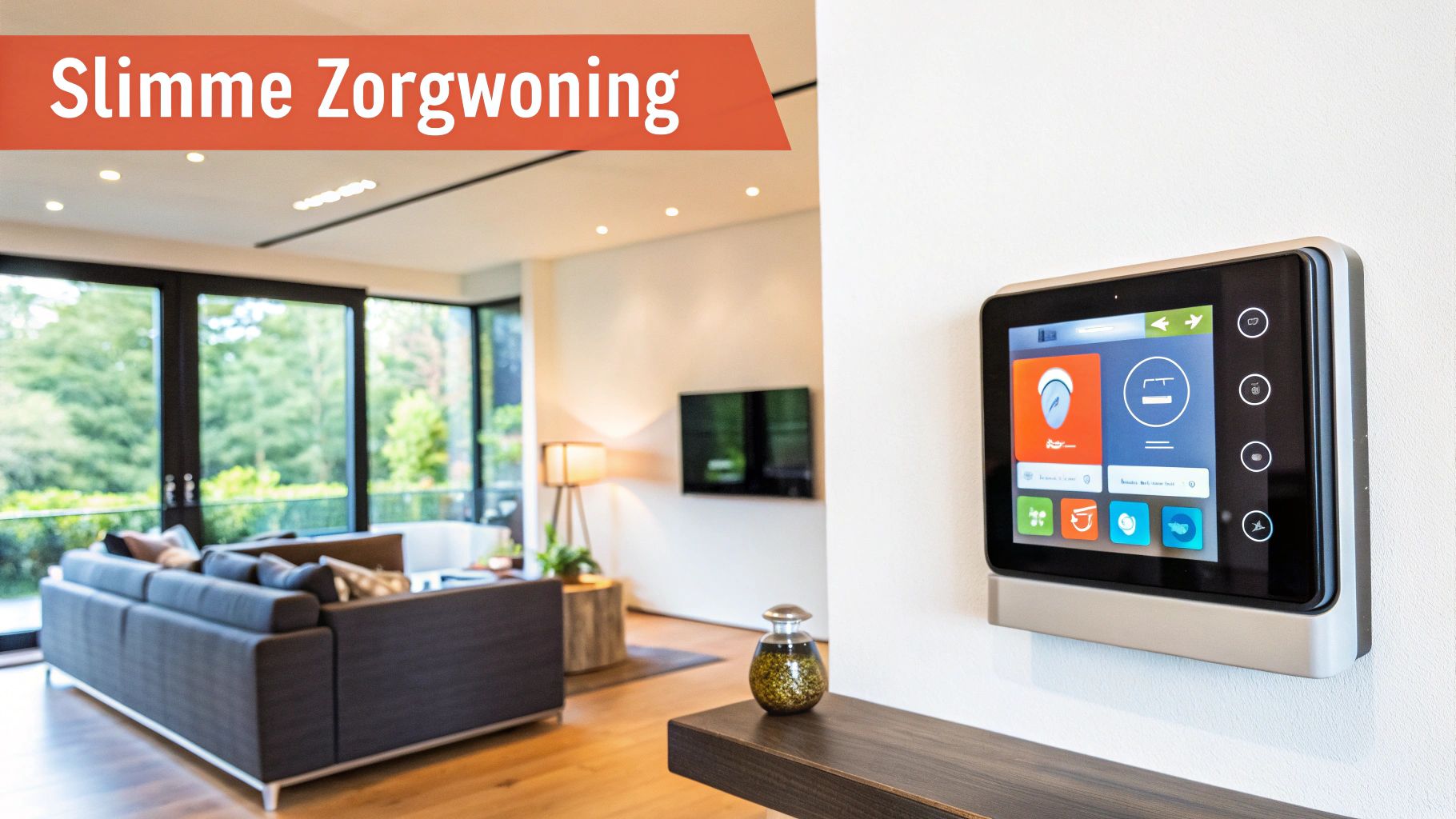 Moderne woonkamer uitgerust met slimme technologie voor zorgdoeleinden.