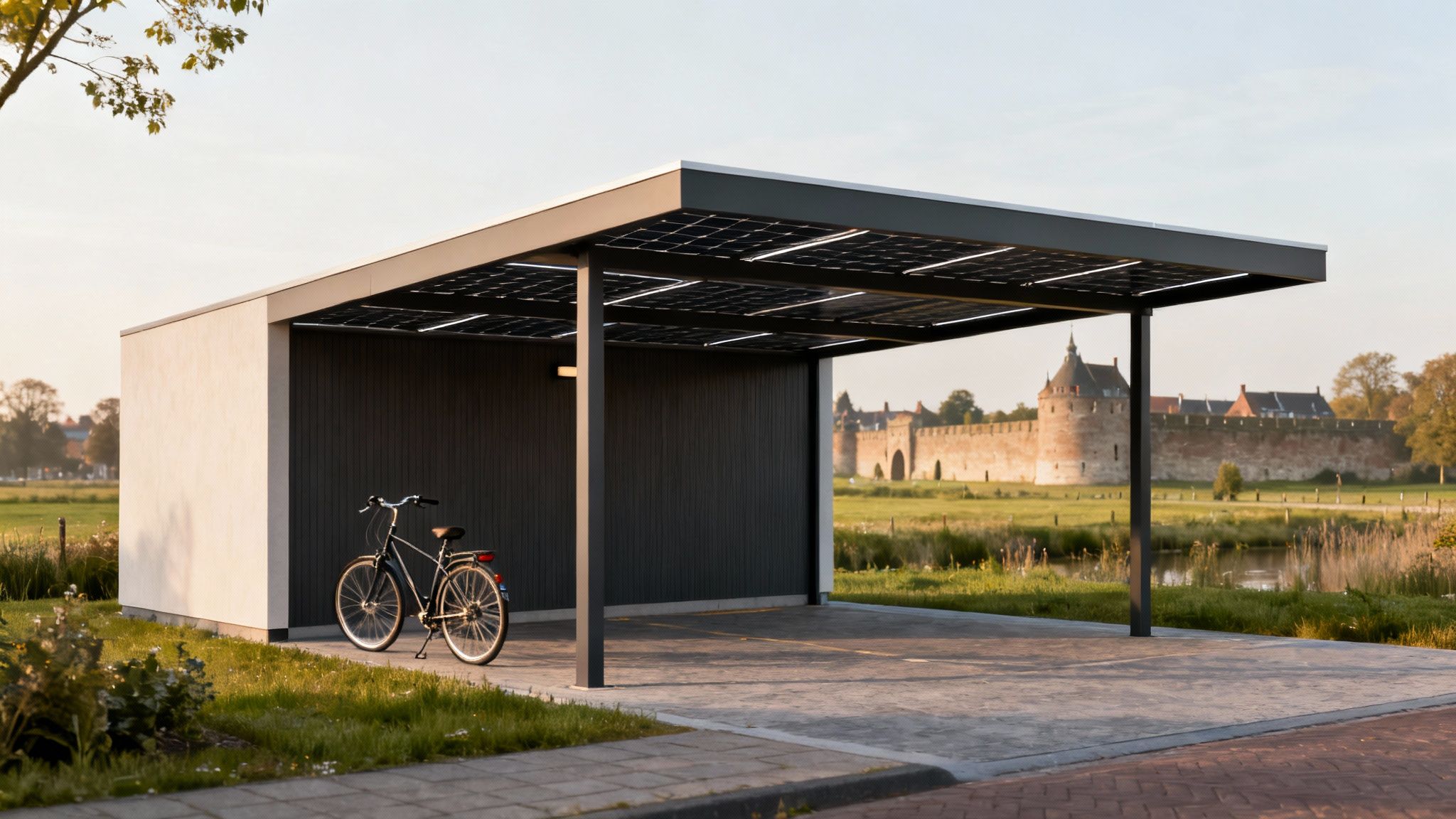 Zonnepanelen op een dak met de vestingstad Naarden op de achtergrond.