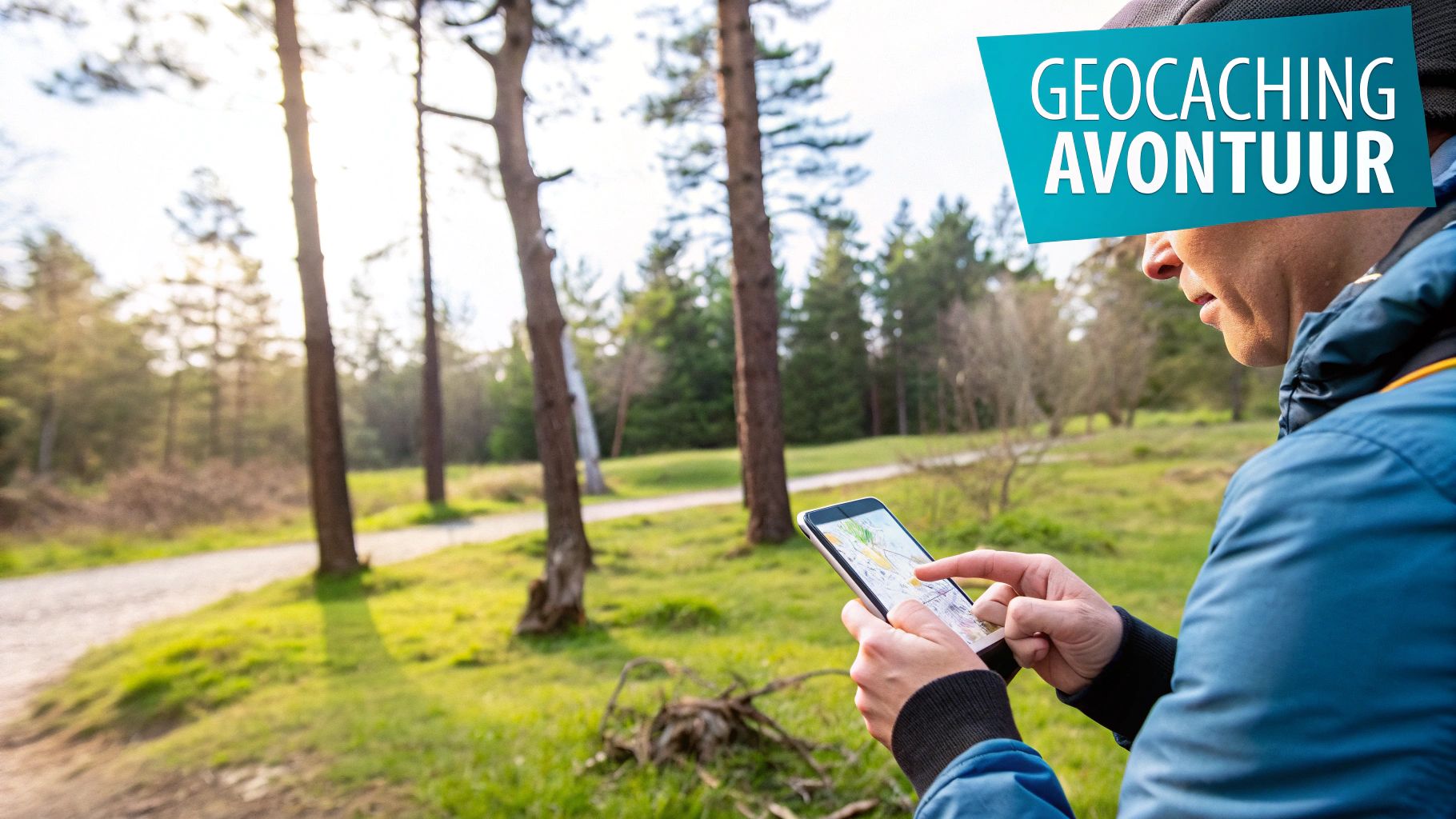 Een groep vrienden zoekt naar een geocache in een bosrijke omgeving