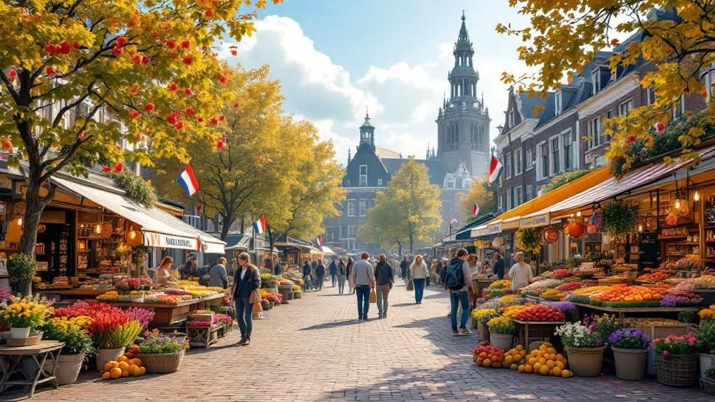 Een groep vrienden die lachend een puzzeltocht doen in een historische Nederlandse stad.
