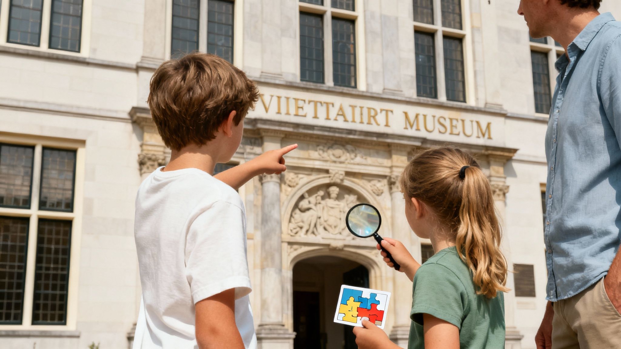 Kinderen kijken nieuwsgierig naar een tentoonstelling in een museum in Utrecht.