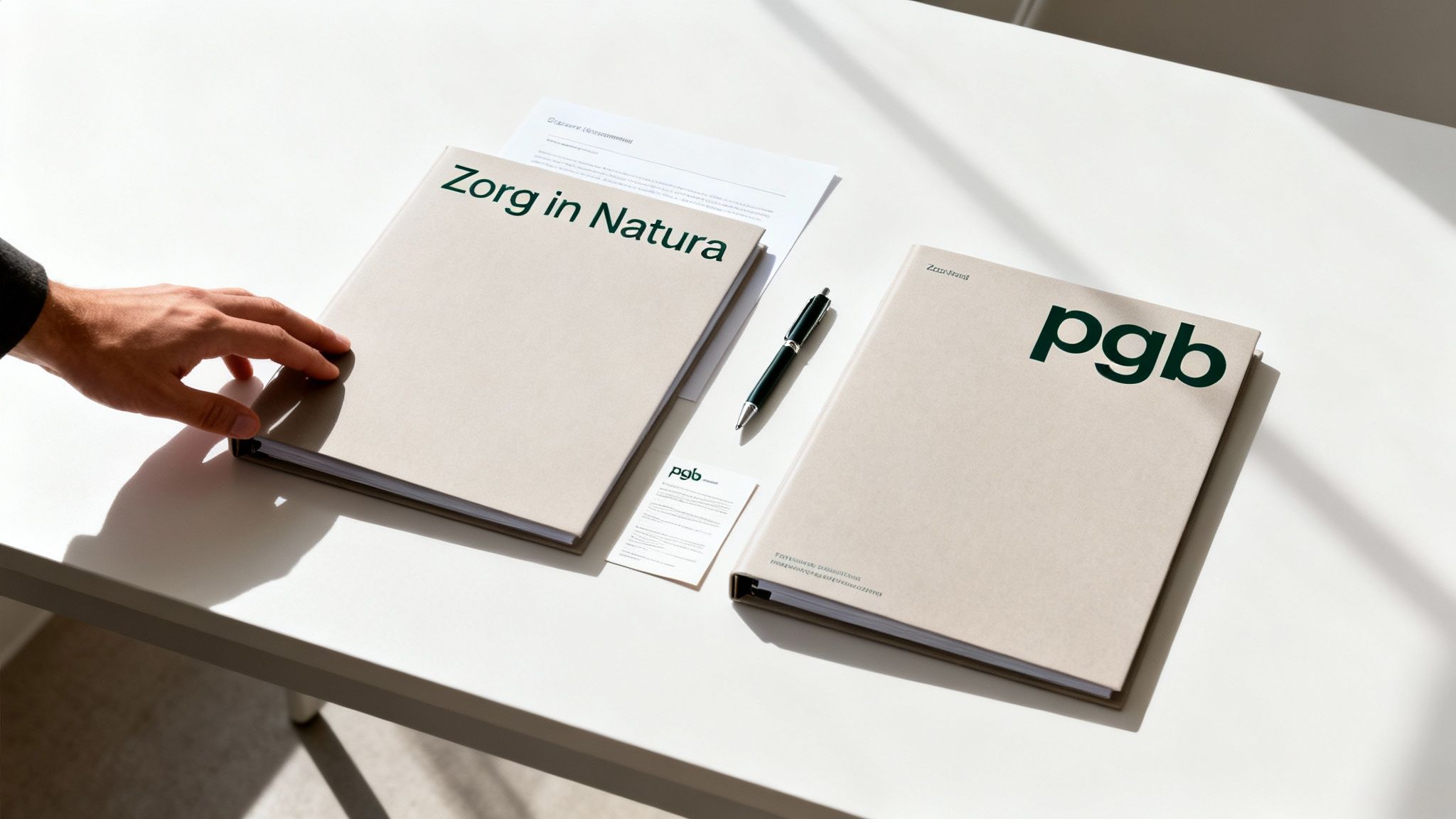 Een hand rust op een beigekleurig boek met 'Zorg in Natura' op een witte tafel met documenten en een pen.