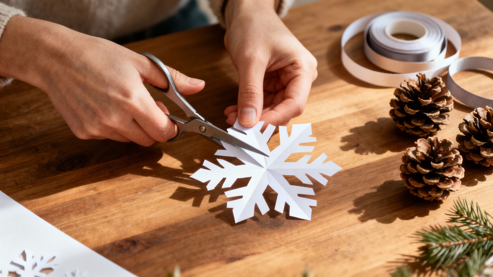 Handen knippen een papieren sneeuwvlok op een houten tafel, omringd door dennenappels en lint voor kerstdecoratie.