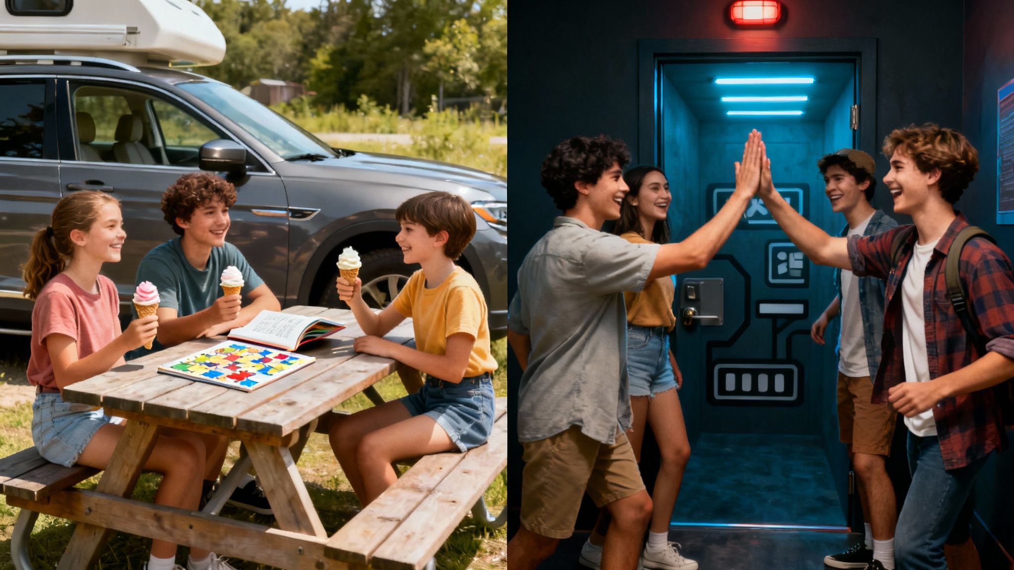 Een vrolijke groep mensen die een vraagteken vasthoudt bij een kruispunt, wat de keuze tussen activiteiten symboliseert