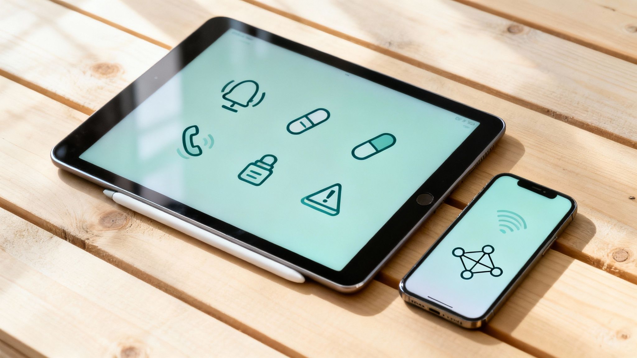 Een oudere vrouw gebruikt een tablet terwijl haar mantelzorger helpt