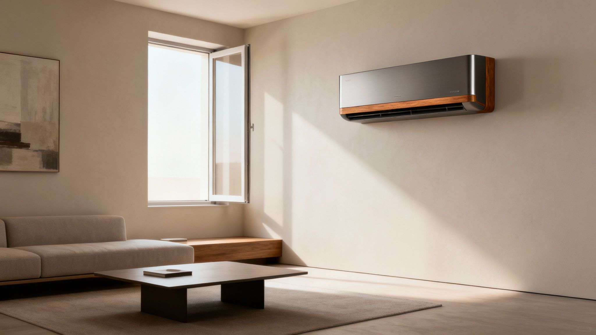 Stijlvolle grijze airconditioner met houten accenten in een modern interieur. Woonkamer met bank en raam.