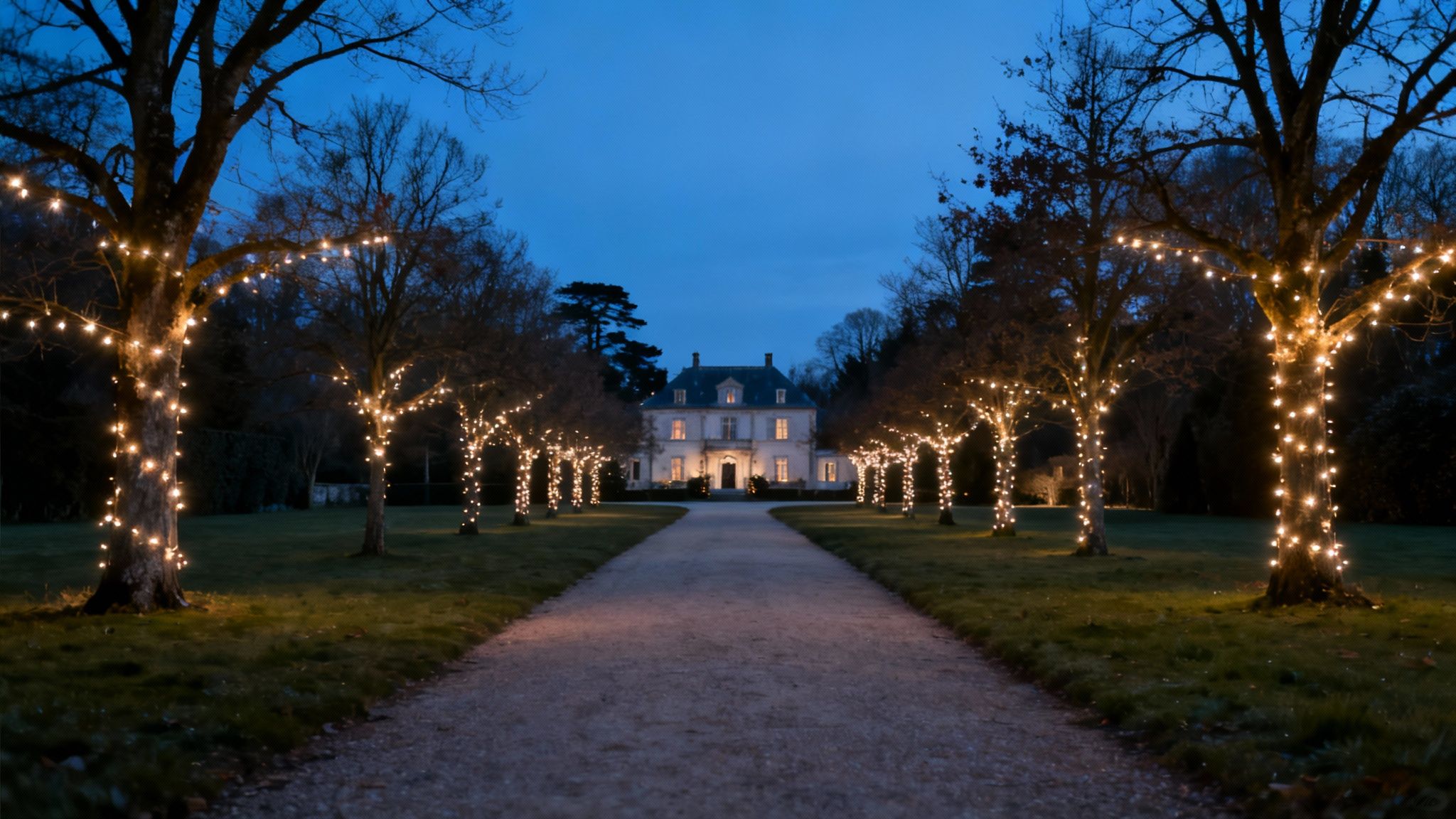 Sfeervol verlicht landgoed tijdens de kerstperiode, ideaal voor een winterwandeling.