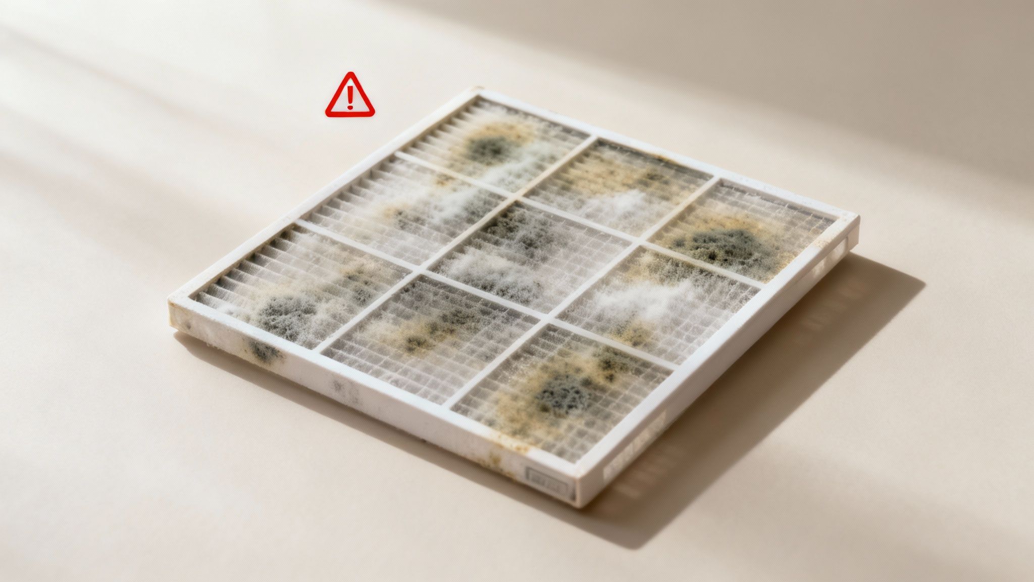 Een rood kruis over een afbeelding van een beschadigd airco filter.