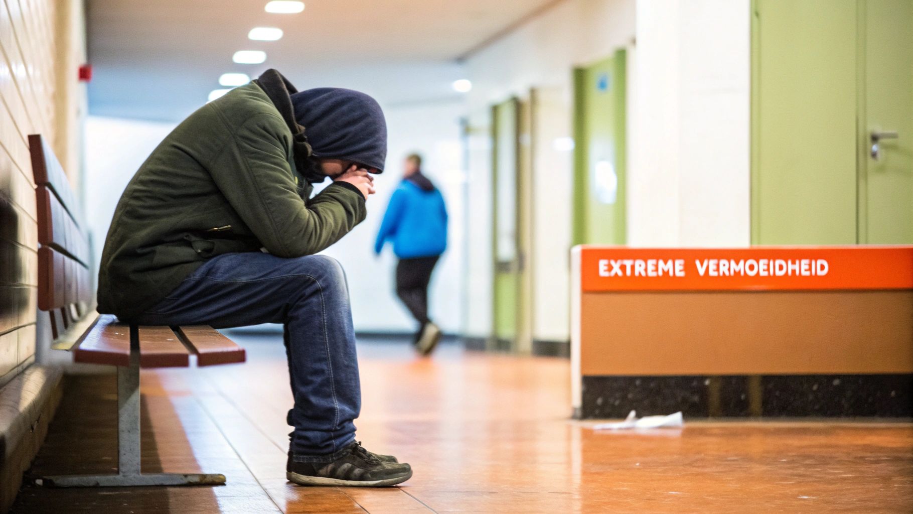 Uitgeputte persoon die rust op een bank