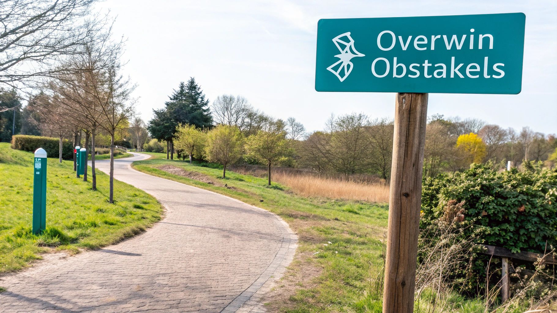 Een persoon staat voor een splitsing in een bospad, wat twijfel en obstakels symboliseert.