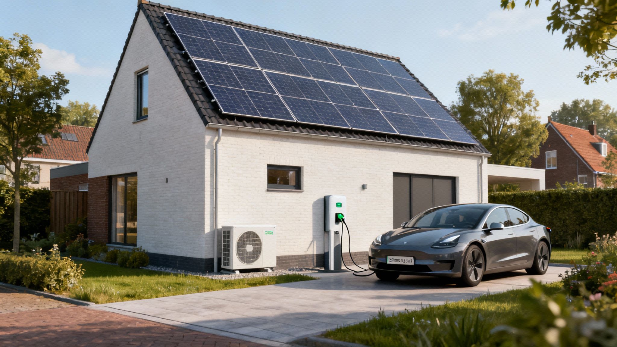 Modern huis met zonnepanelen, airconditioning en elektrische auto die oplaadt bij een laadpaal.