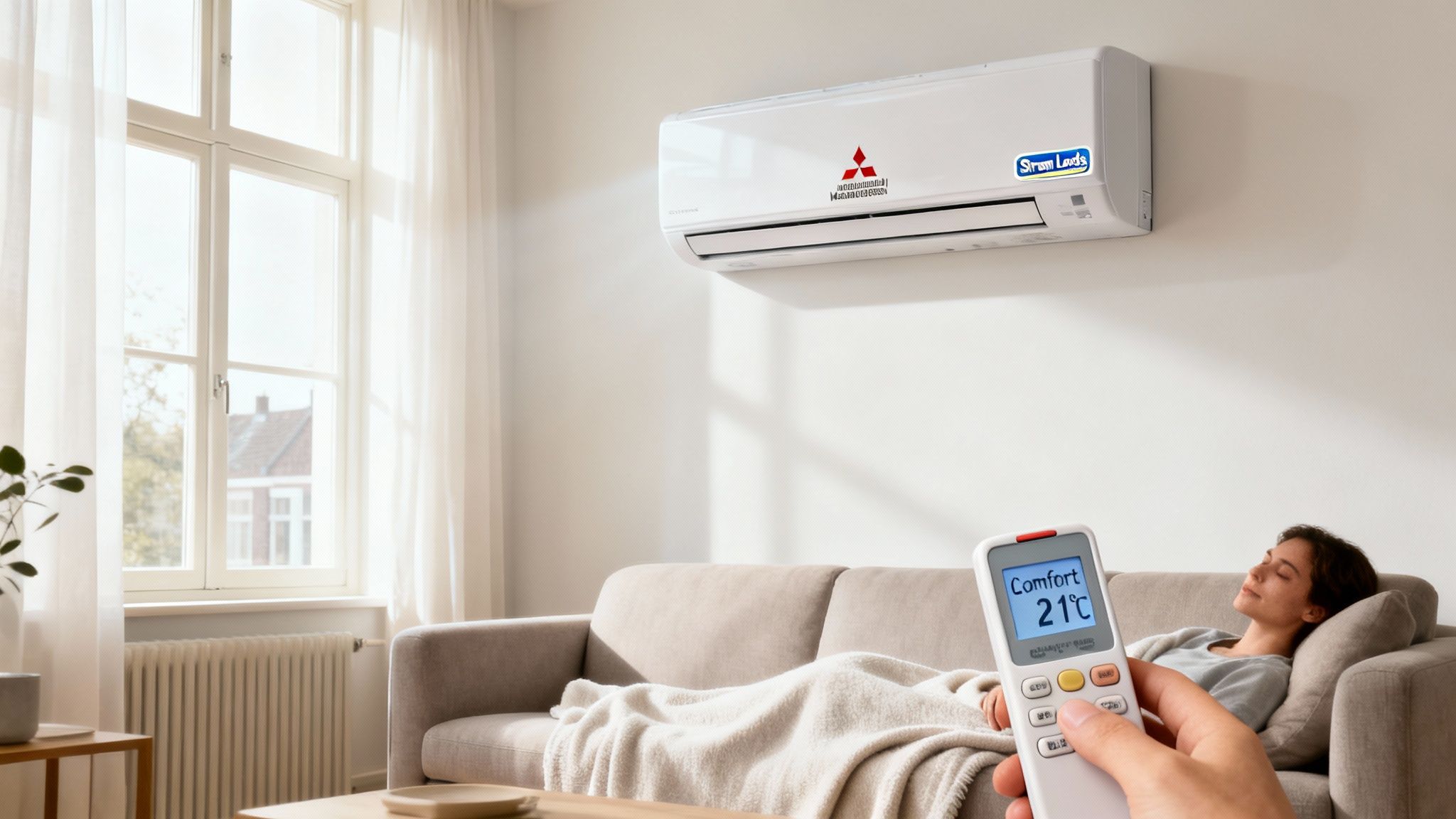 Vrouw ontspant op bank met airco-afstandsbediening die 21°C toont, in een lichte woonkamer.
