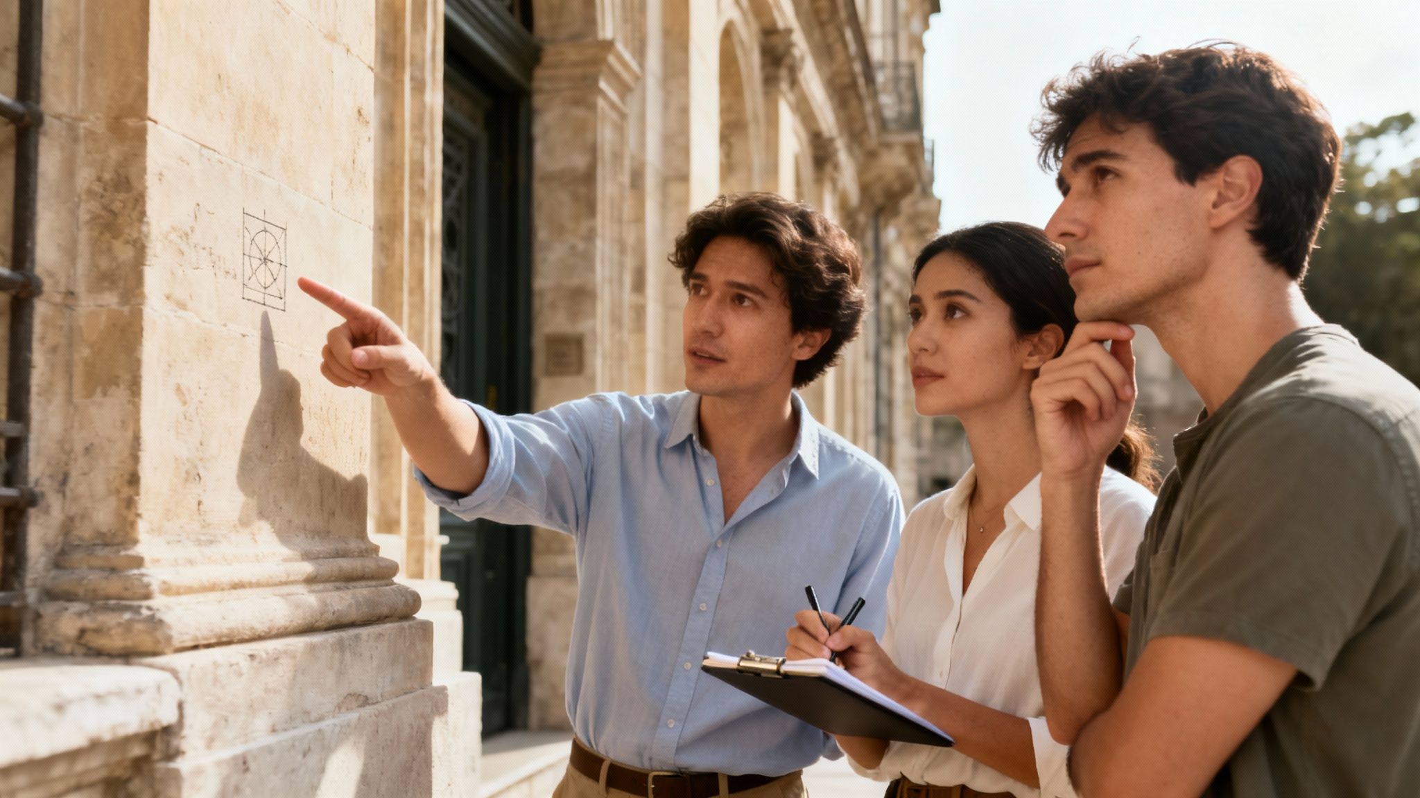 Een vrolijke groep vrienden die lacht tijdens een puzzeltocht in de stad.