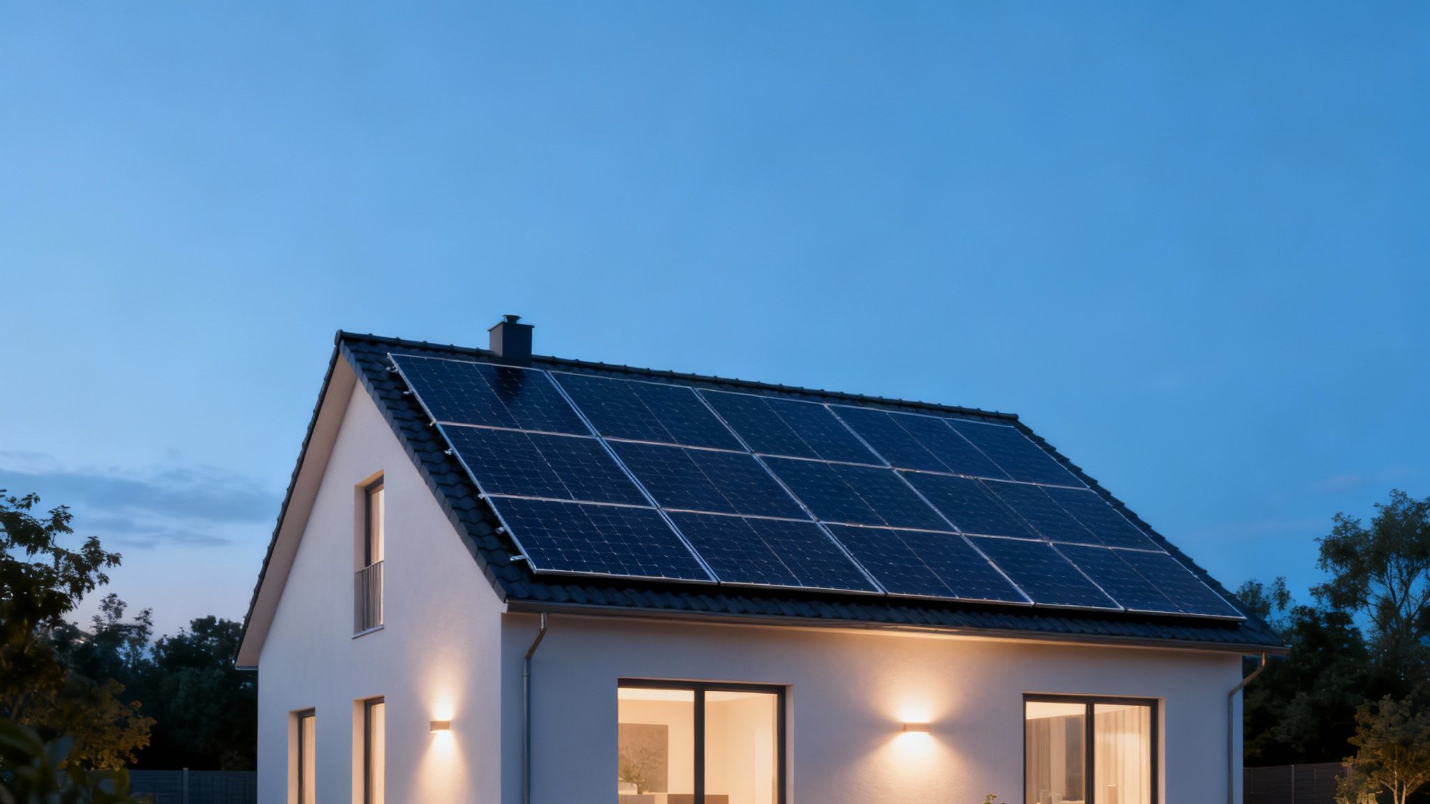 Zonnepanelen geïnstalleerd op een schuin dak van een woonhuis