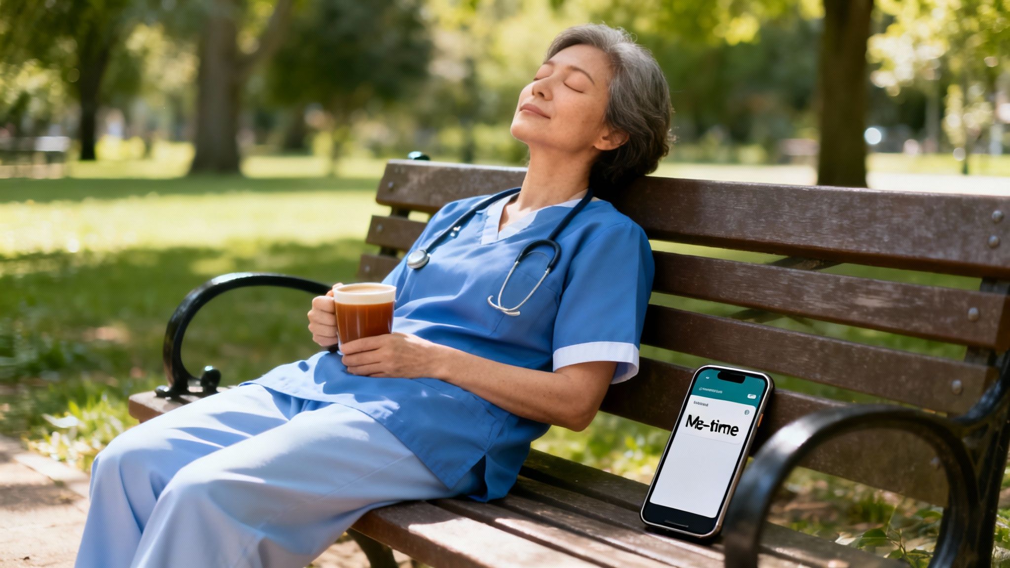 Een zorgverlener ontspant in de zon op een parkbankje, genietend van koffie met haar telefoon naast haar.