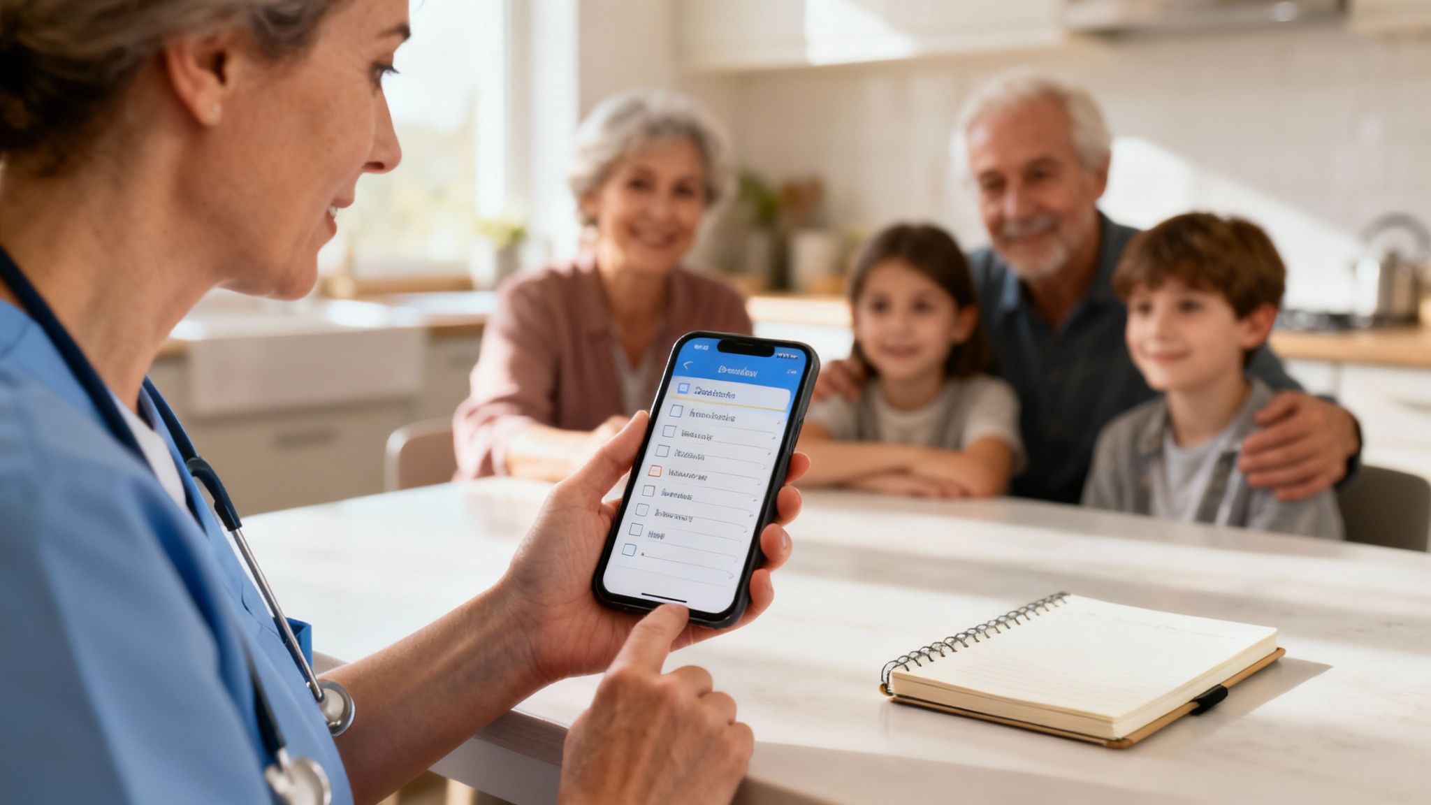 Mantelzorger en senior kijken samen naar een tablet