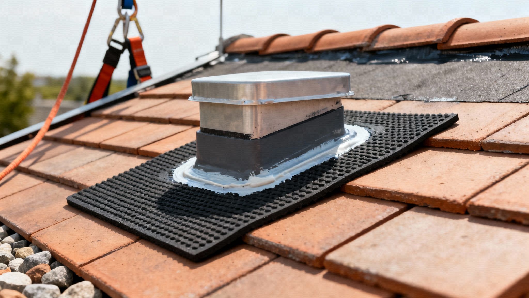 Veiligheidsharnas en gereedschap voor waterdichte afwerking van zonnepanelen op een plat dak