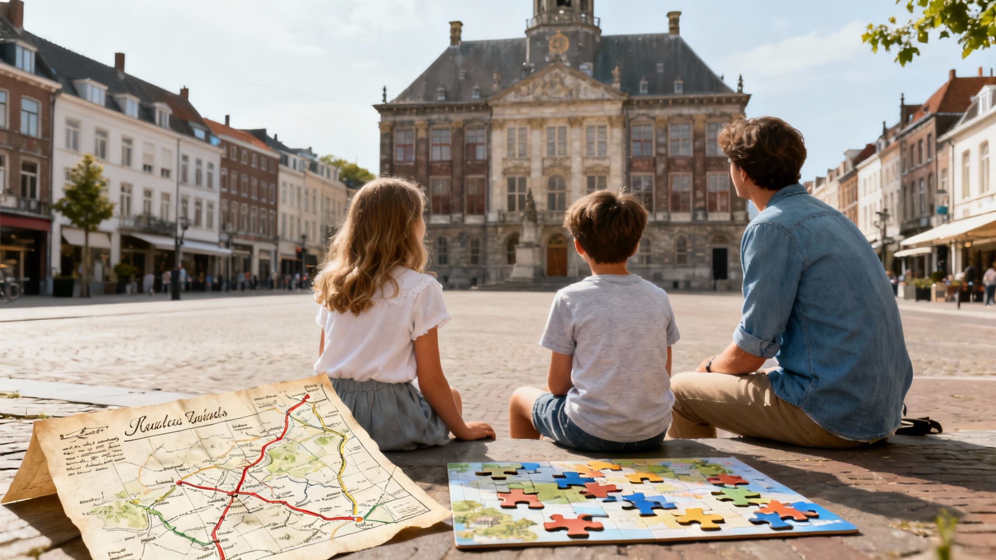 Een gezin dat lachend een puzzeltocht doet in een stad
