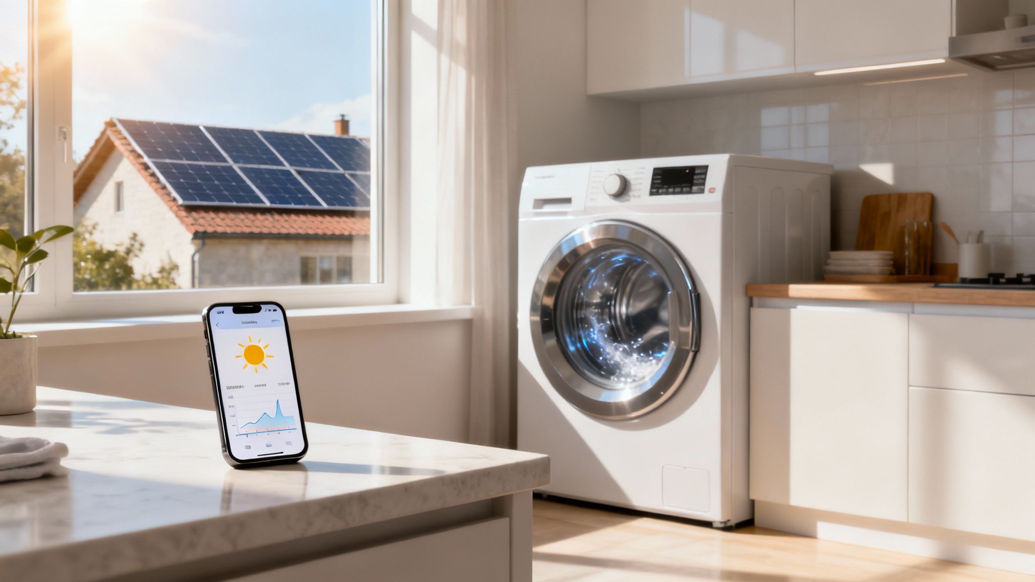 Een slimme thermostaat die het energieverbruik in huis optimaliseert, met iconen voor de wasmachine, airco en auto.