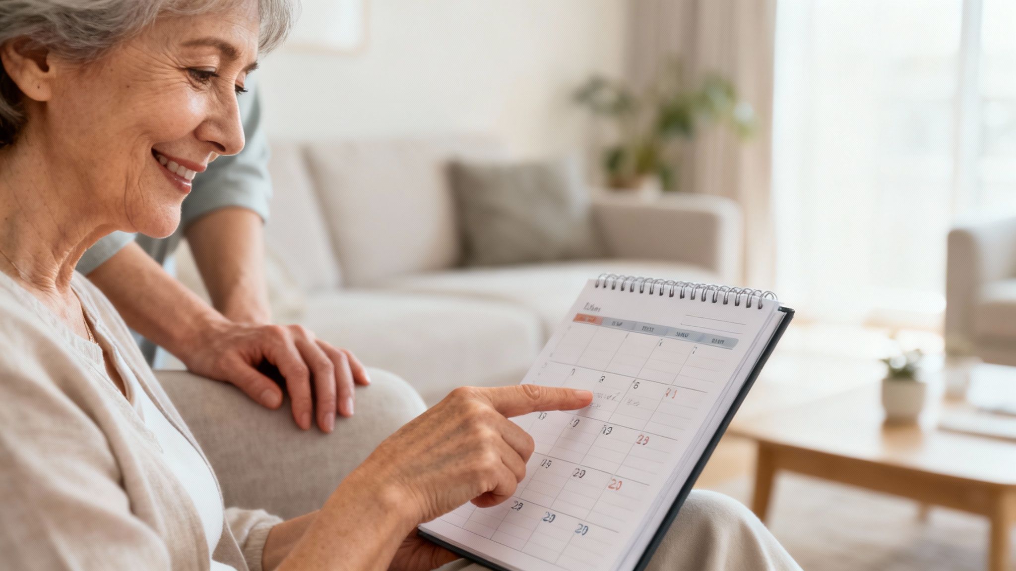 Een senior vrouw en een jongere vrouw zitten comfortabel op een bank en praten met elkaar.