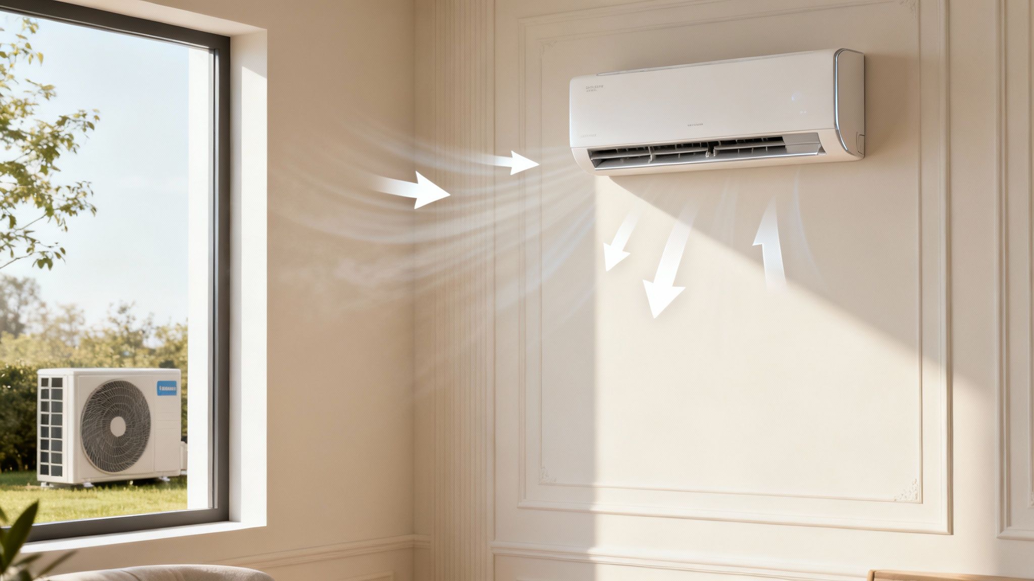 Een modern en strak aircosysteem aan de muur in een woonkamer, wat de efficiëntie van koelen en verwarmen illustreert