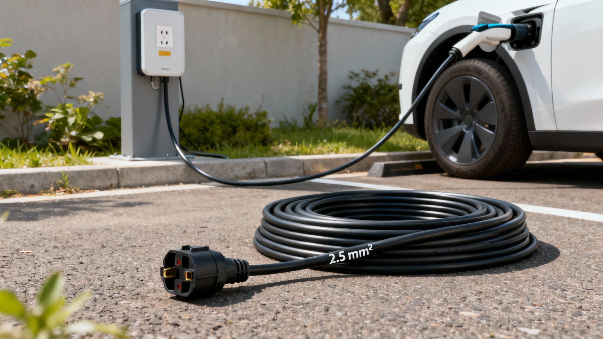 Veilig CEE-verlengsnoer aangesloten op een elektrische auto.