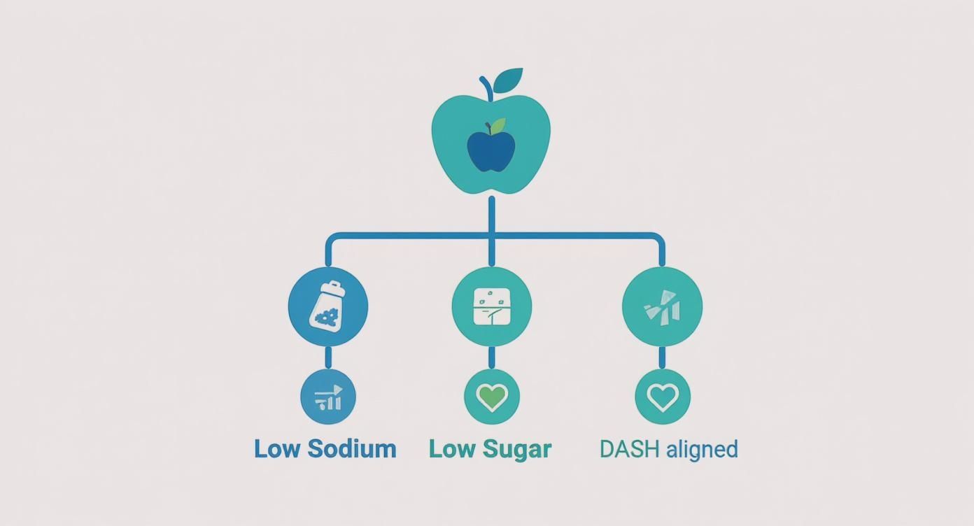 Infographic showing three heart-healthy diet pillars: low sodium, low sugar, and DASH aligned nutrition