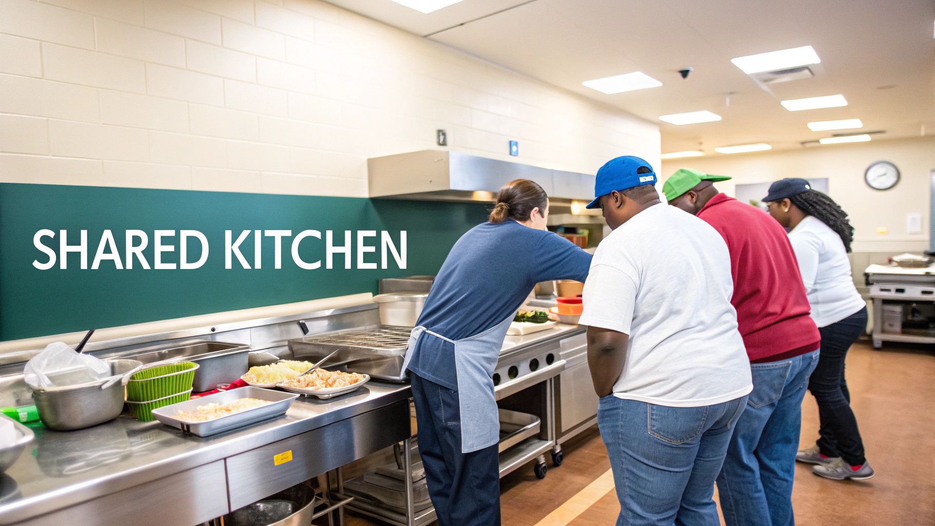 Volunteers and staff prepare meals together in a bustling shared kitchen facility.