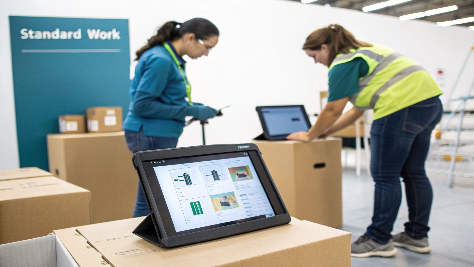 Two workers review digital standard work instructions on tablets in a warehouse facility.