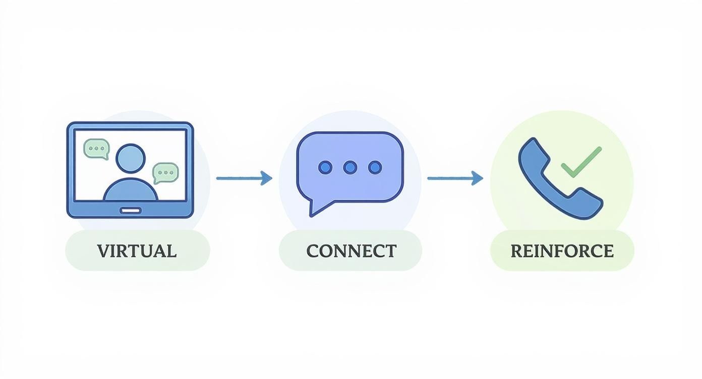 Infographic showing the process flow of adapting nutrition education to telehealth with steps for virtual connection and reinforcement.