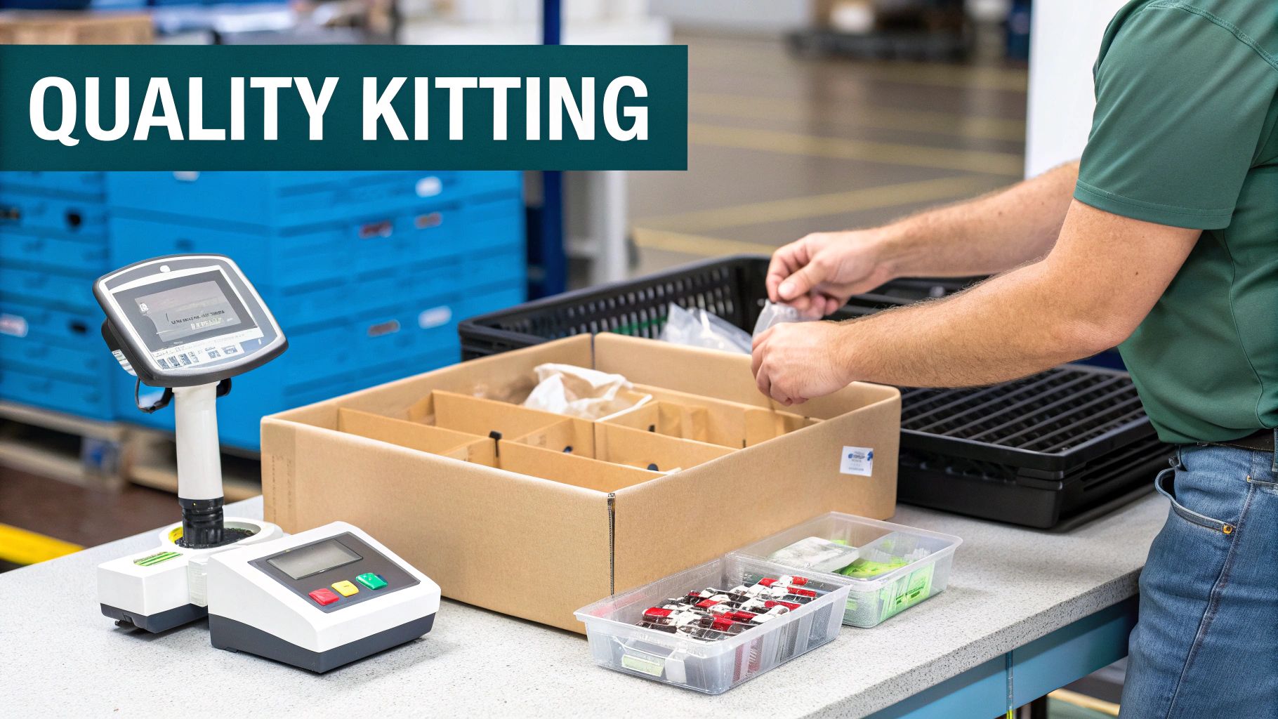 A person's hands assemble small parts into a partitioned cardboard box on a table, with scales and storage containers, illustrating quality kitting.