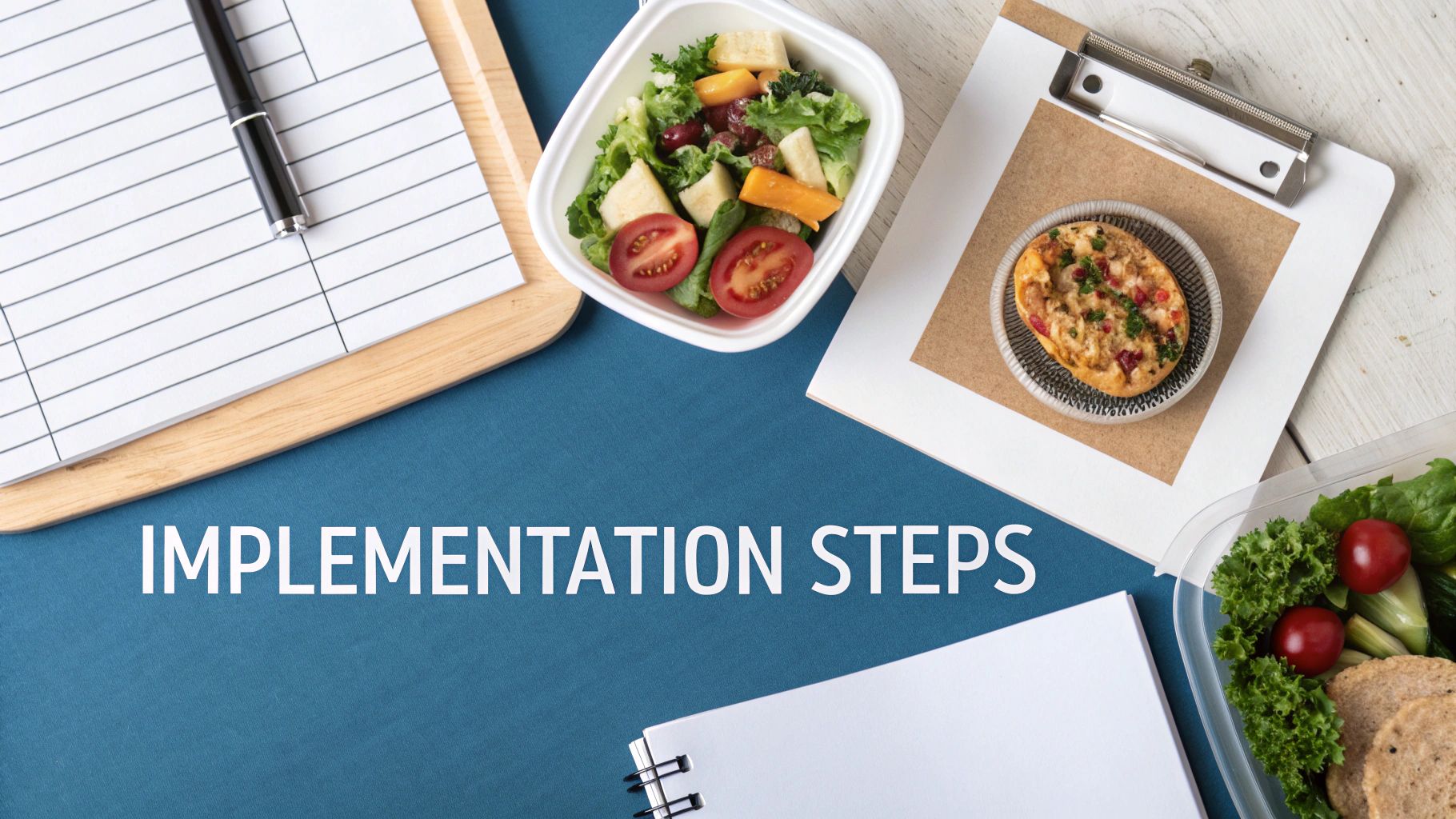 Implementation steps text with healthy meal prep bowls salads and planning notebooks on desk