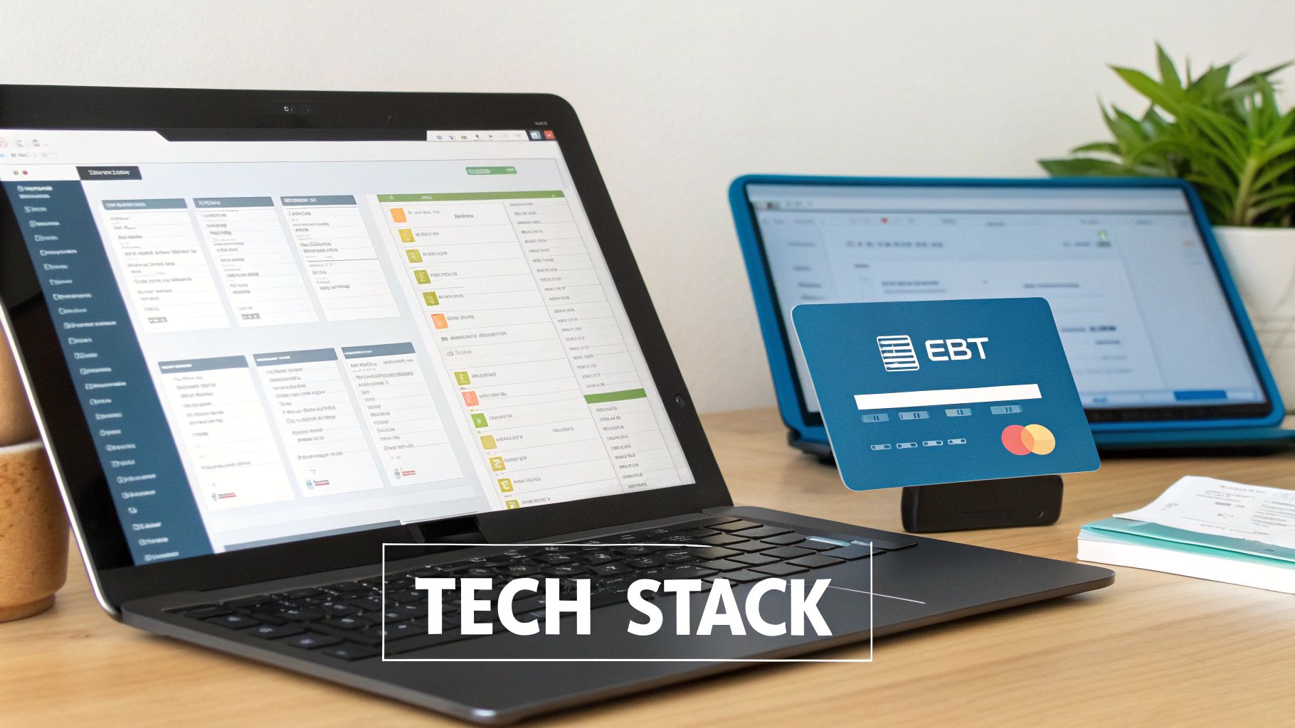 A person using a smartphone to order groceries online, with icons representing technology components like e-commerce, inventory, and payment systems.